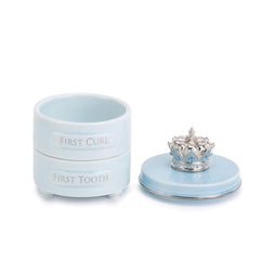 DEMDACO keepsake box for first tooth and curl, soft blue finish, ideal for safekeeping.