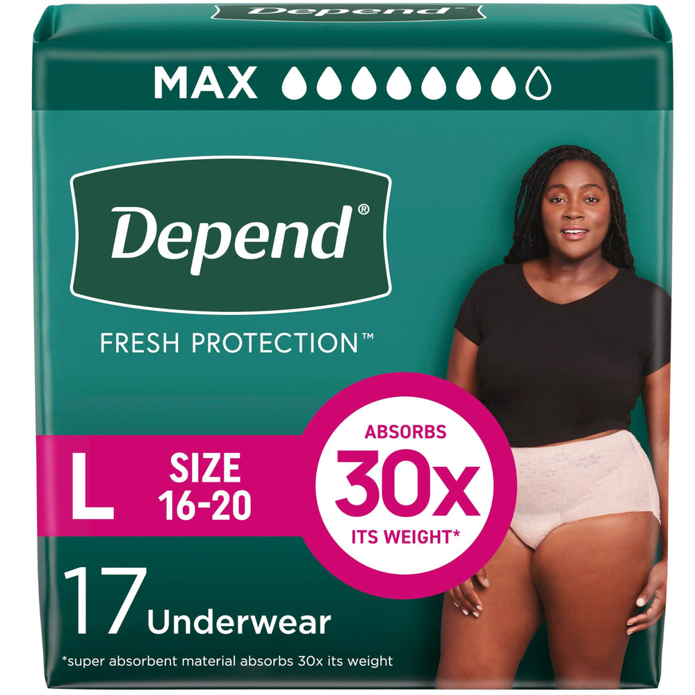 Depend Fresh Protection packaging image showing discreet underwear for all-day confidence.