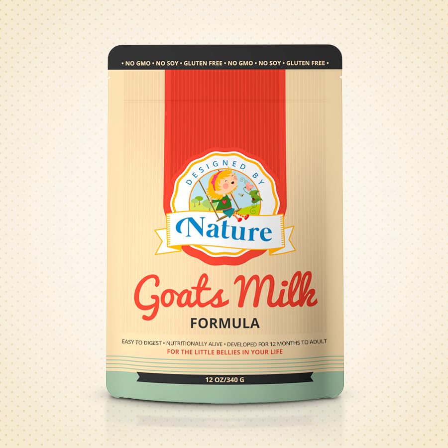 Designed by Nature Goat Milk Formula tub closeup, highlighting pure, easy-to-digest nutrition.