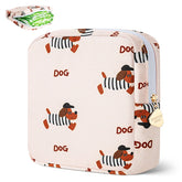 Desing Wish period bag front view with black striped dog print, privacy and easy access on the go.