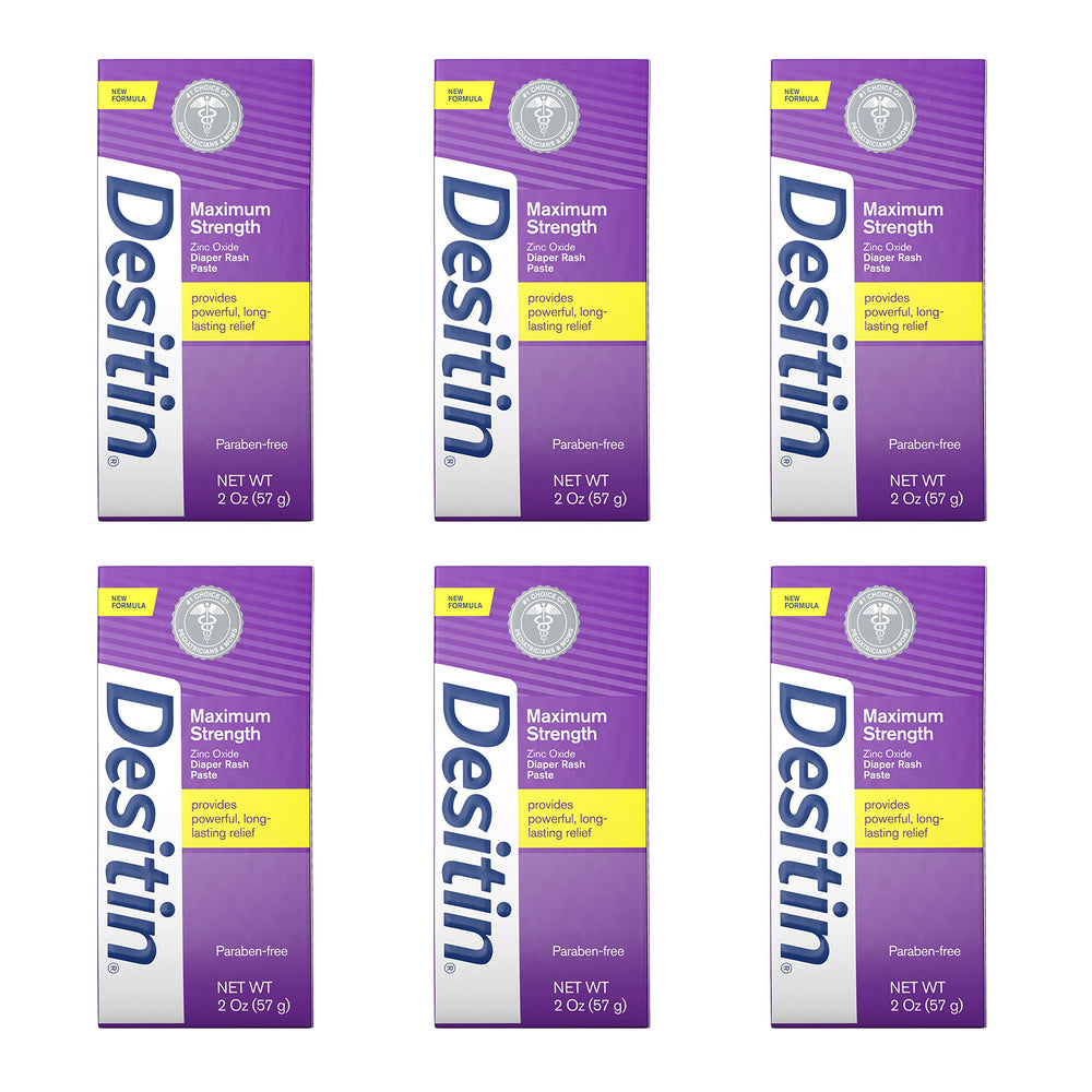 Desitin maximum-strength diaper rash paste tube shows 40% zinc oxide for fast relief.