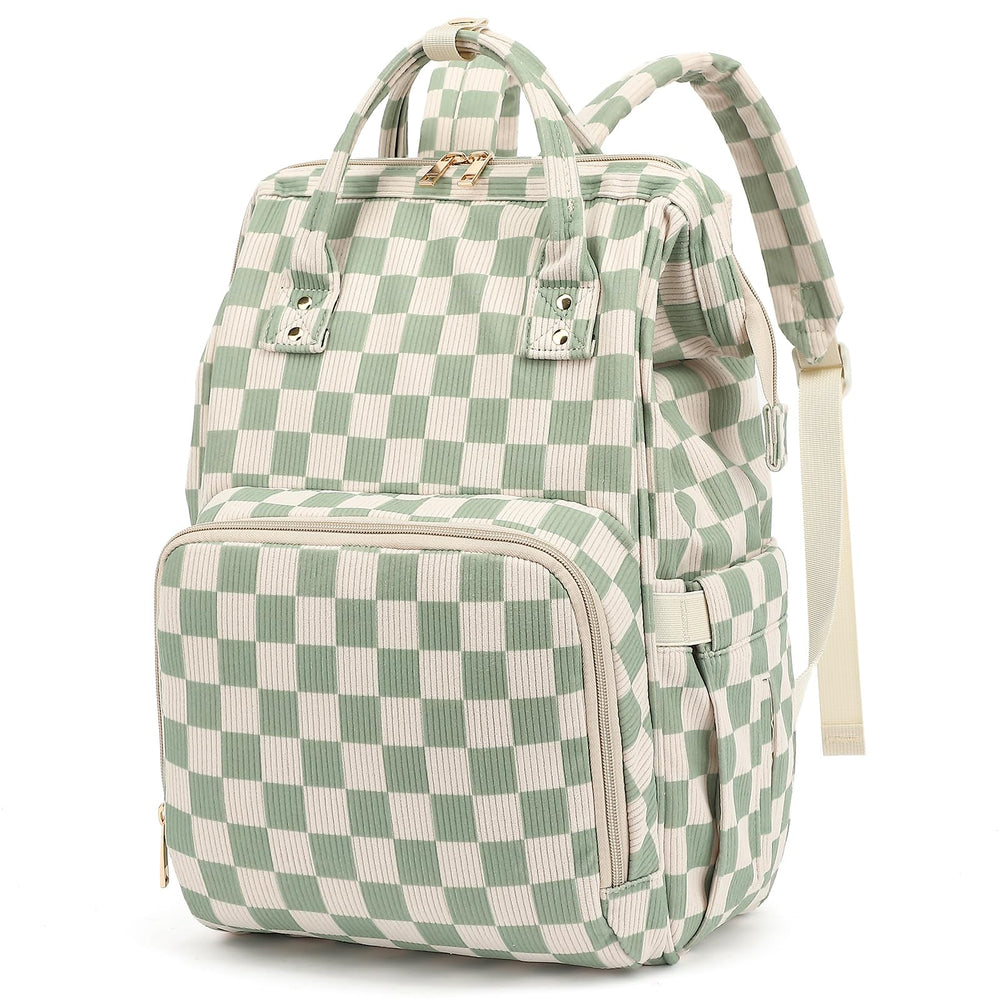 Dezcrab Corduroy Green front view diaper bag backpack for stylish travel.