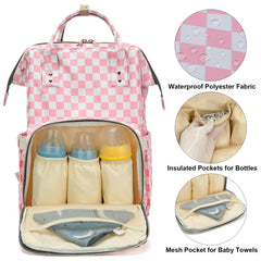 Dezcrab checkered pink diaper bag stroller strap for hands-free outings.