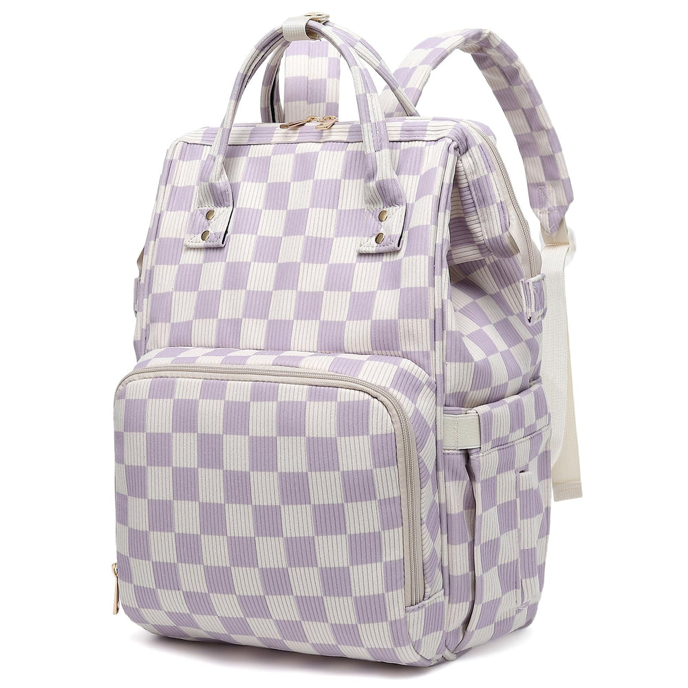 Dezcrab corduroy diaper backpack front view with insulated bottle pockets for on-the-go feeding.
