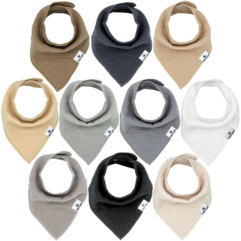 Diaper Squad 10-pack baby bibs flatlay show soft muslin for drool management.