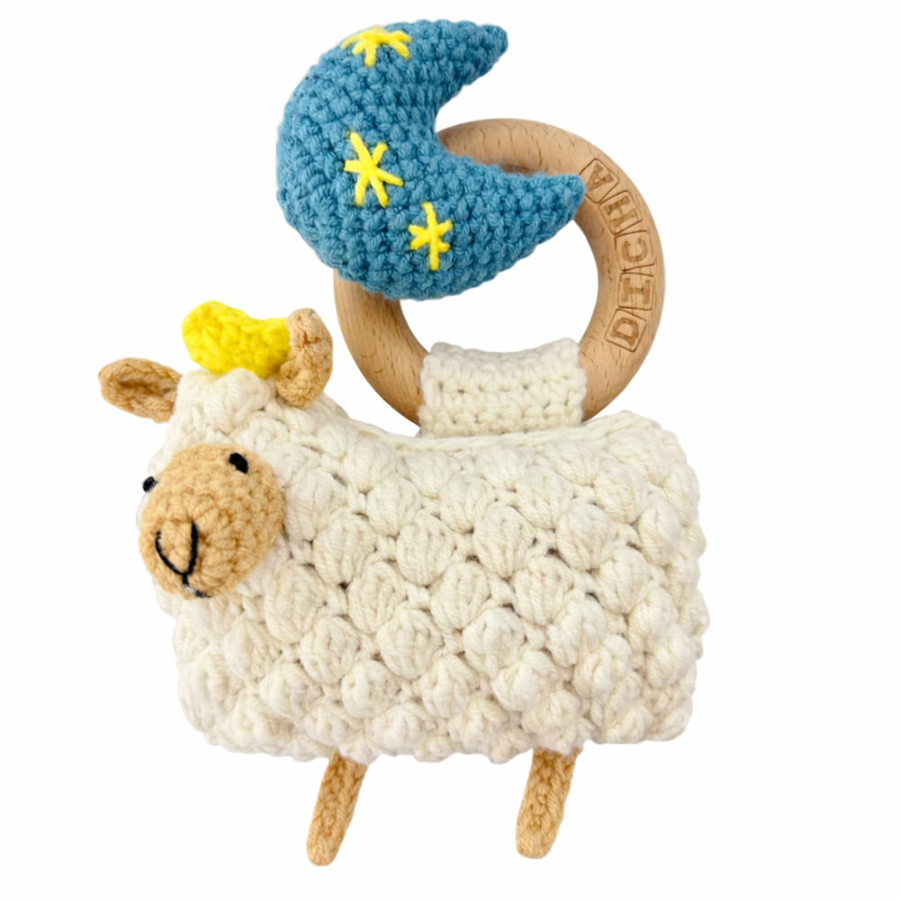 DICHA wood baby rattle sheep crochet close-up showing soft, safe texture for newborns.
