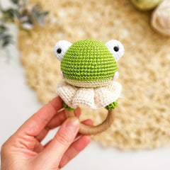 DICHA wood baby rattle beech teething ring shown up close.