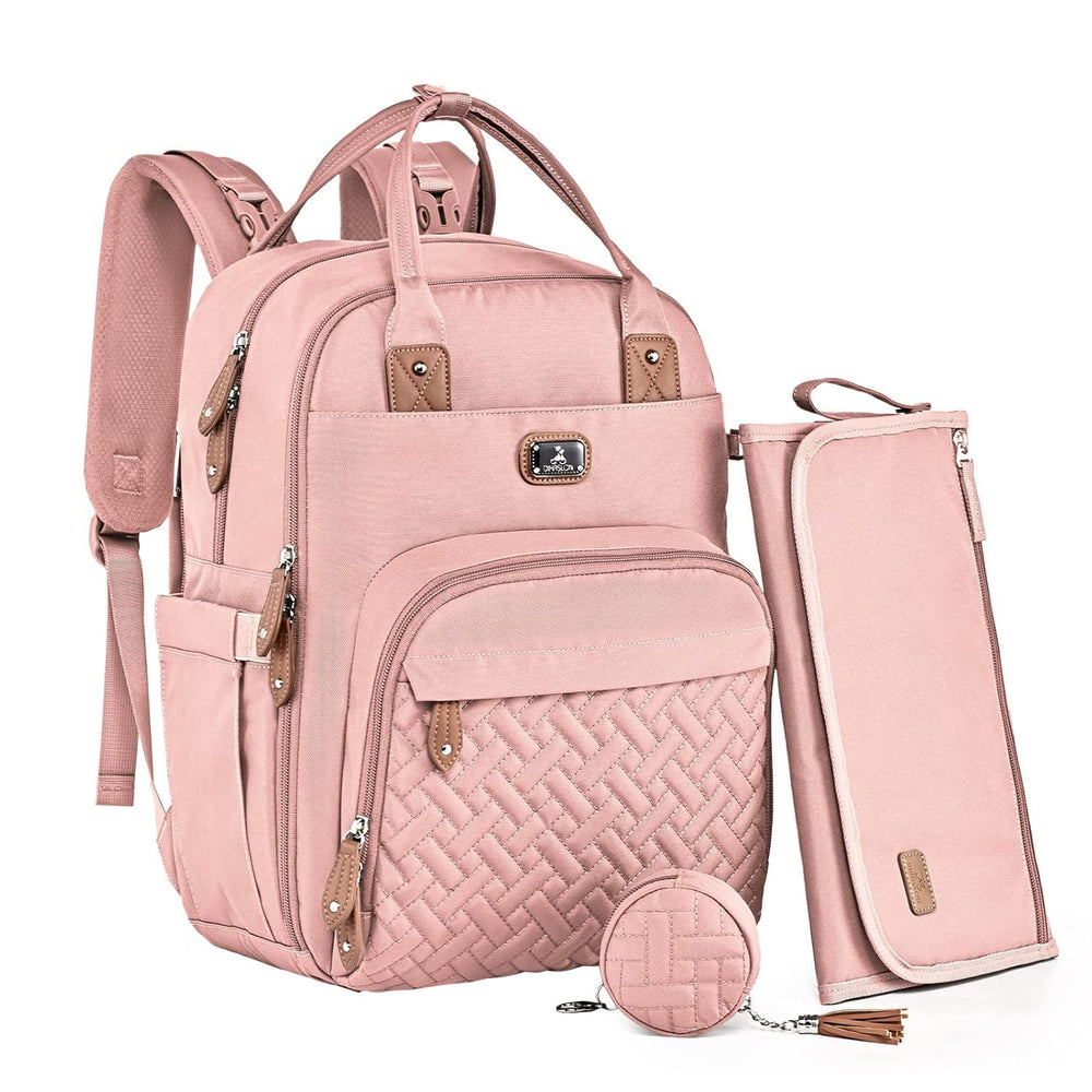 Dikaslon diaper bag backpack with changing pad for easy on-the-go diaper changes.