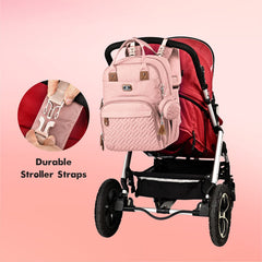 Dikaslon diaper bag with stroller straps enables hands-free transport.