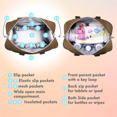 Dikaslon diaper bag with changing pad ready for on-site diaper changes.