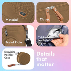 Dikaslon khaki tote with pacifier case attached for quick soothing on the go.