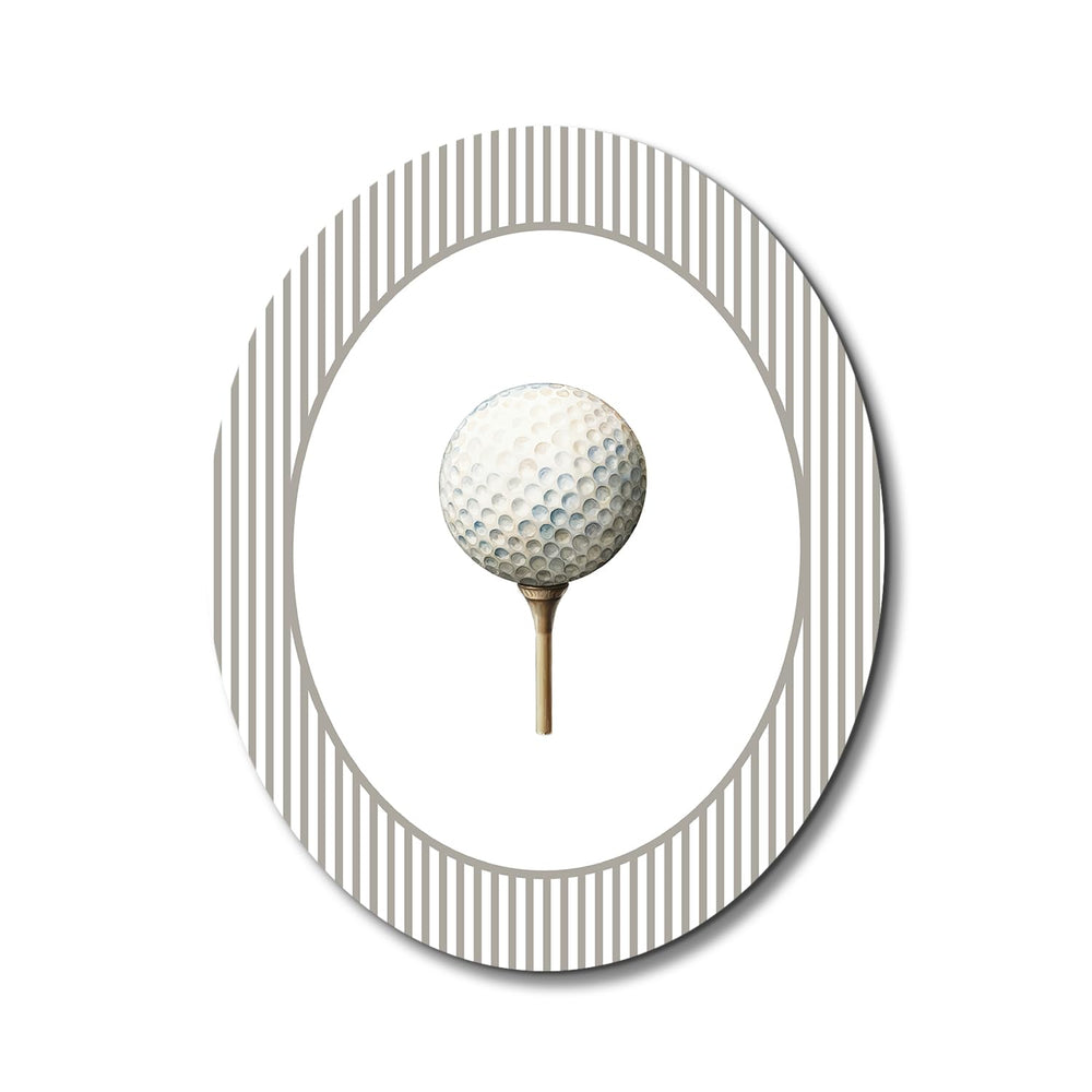 Dilemat nursery golf oval wall art showcases retro stripes for playful nursery décor.