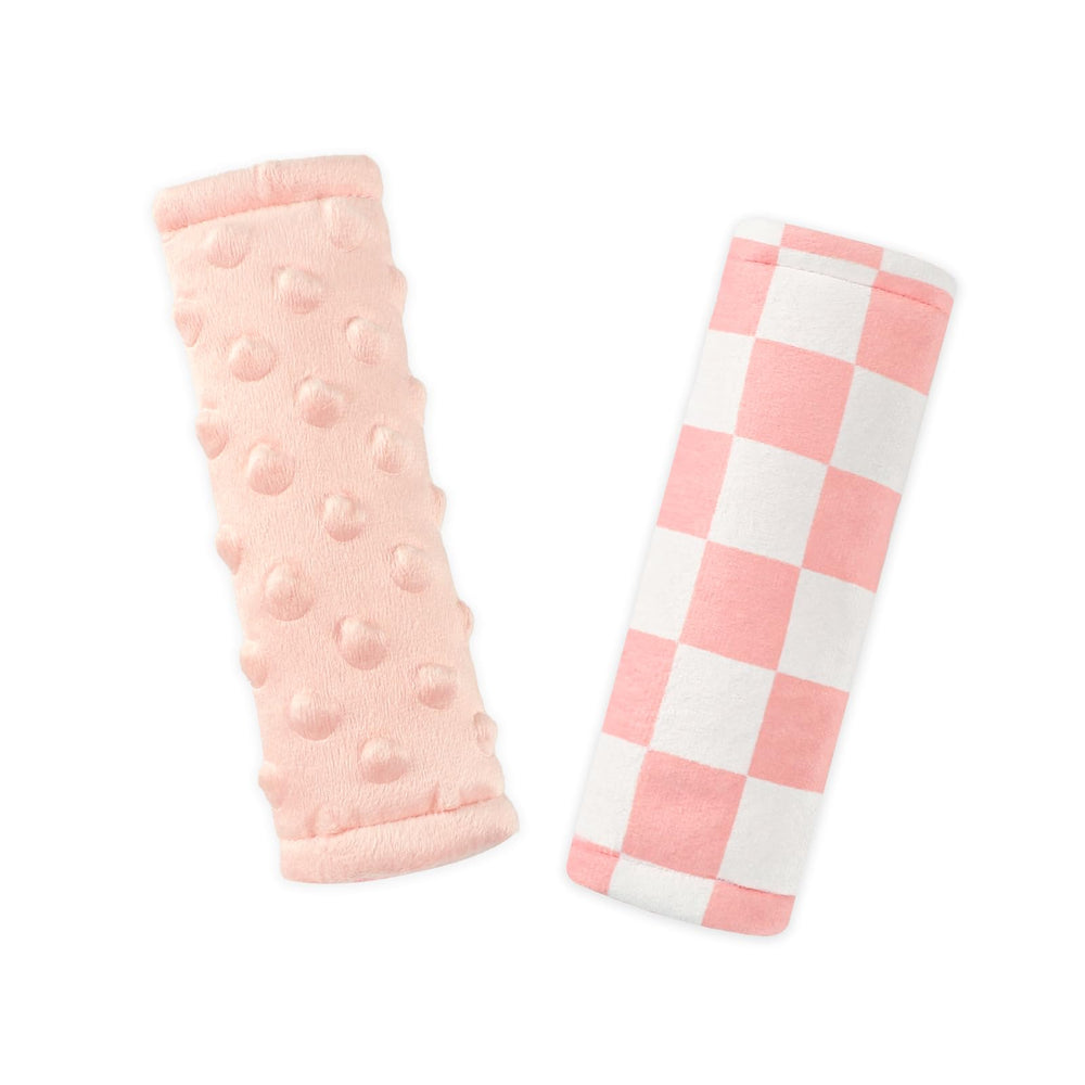 DILIMI baby seatbelt covers in pink checkered with soft minky for cozy ride comfort