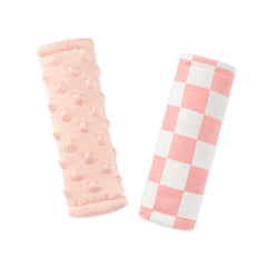 DILIMI baby seatbelt covers in pink checkered with soft minky for cozy ride comfort