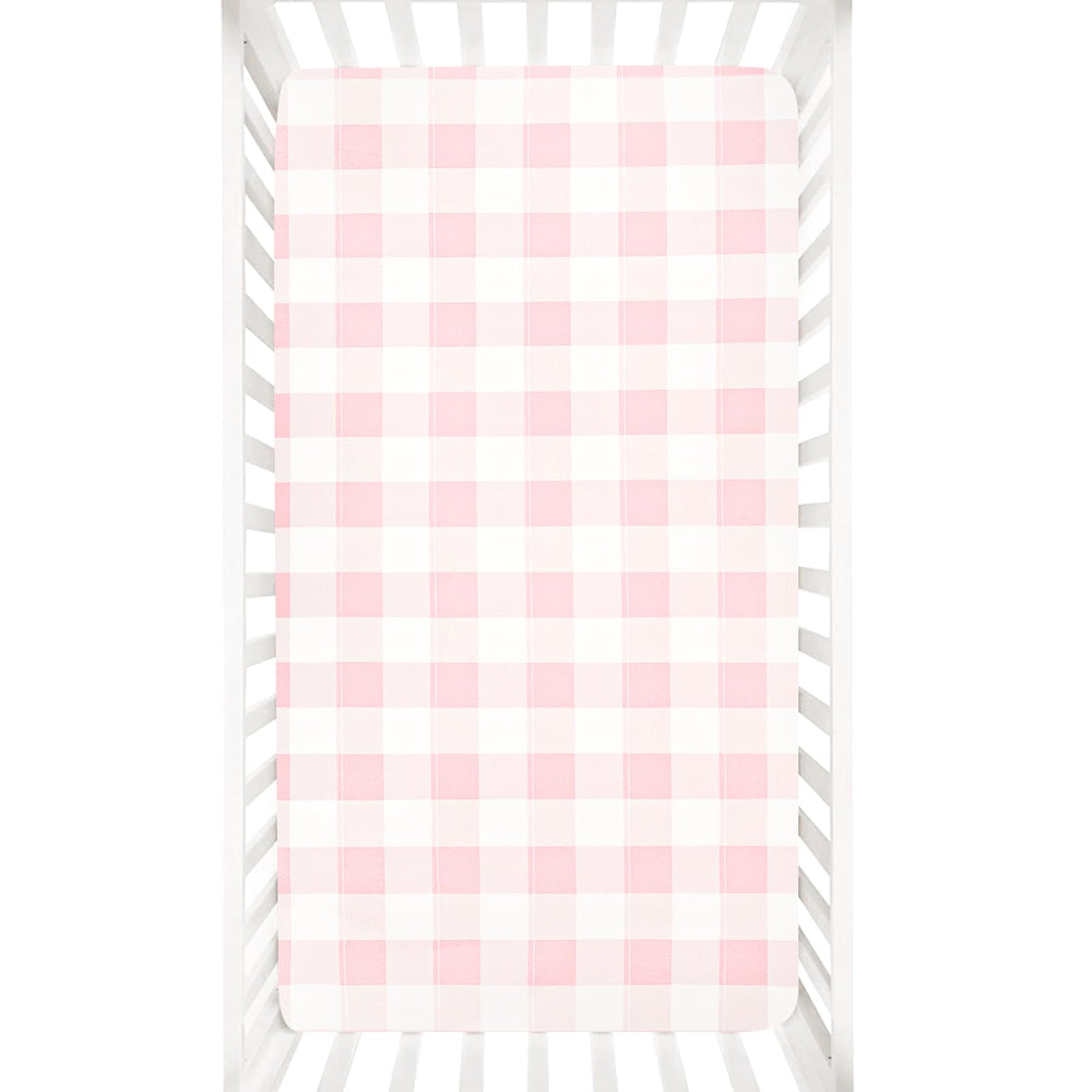 DILIMI pink checkered fitted crib sheet on standard crib, soft and snug