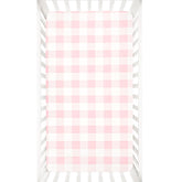 DILIMI pink checkered fitted crib sheet on standard crib, soft and snug