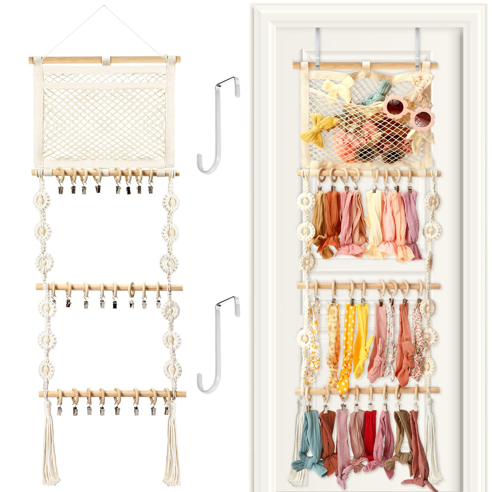 Dingion wooden bow rack with mesh bag for easy organization and display