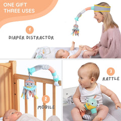 Dingle Dangle sensory octopus toy as portable baby amusement during routine tasks