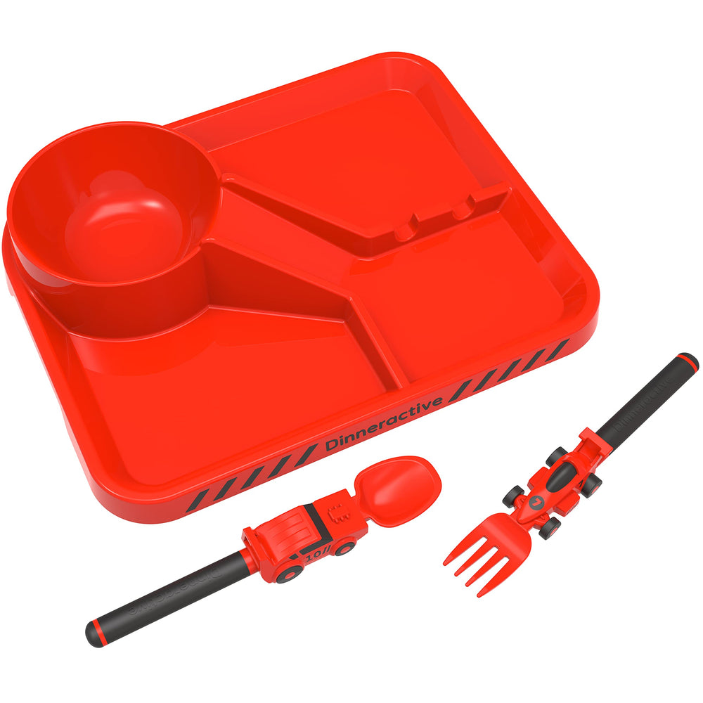 Dinneractive red race car plate with four zones for balanced meals.