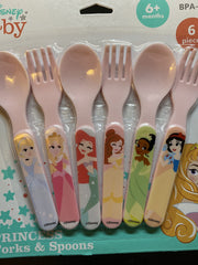 Disney Baby Princess forks and spoons on table, top-rack dishwasher safe.