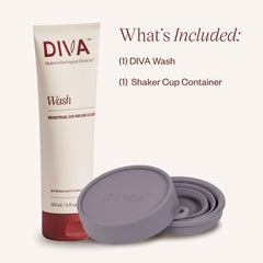 DIVA plant-based cleanser bottle highlights a natural formula for cup care.