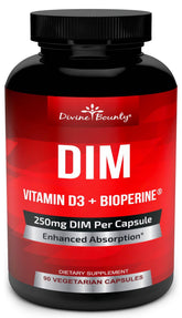 Divine Bounty DIM 250mg bottle showcases potent blend for daily hormonal support.