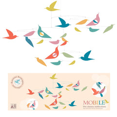 DJECO Colorful Bird Mobile with vibrant birds over nursery decor.