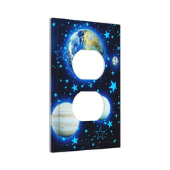 DJTRRF Blue Stars Planet 1-Gang Duplex outlet cover adds modern style to living rooms and nurseries.