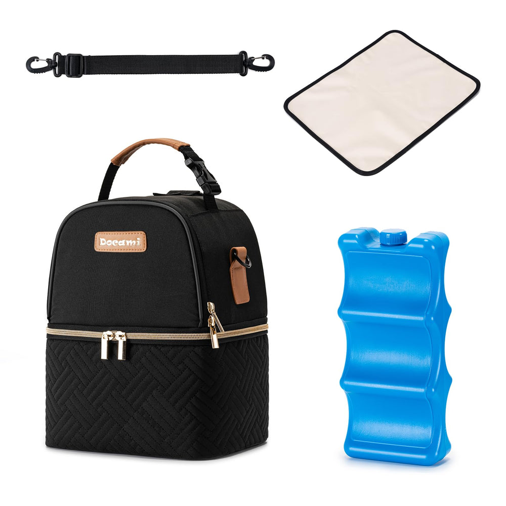 Docami breastmilk cooler bag shows internal organization for bottles and pumps on-the-go.