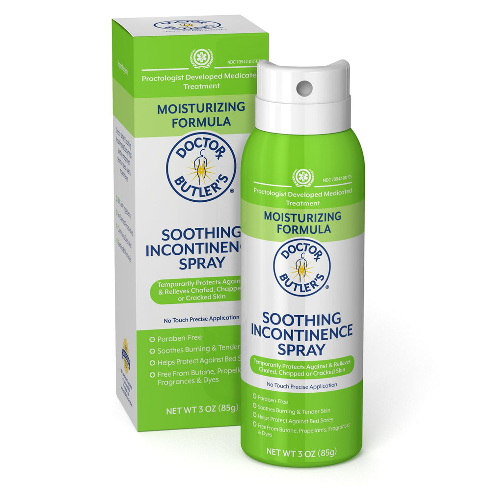 Doctor Butler's soothing spray bottle closeup, showcasing touchless protection for sensitive skin.