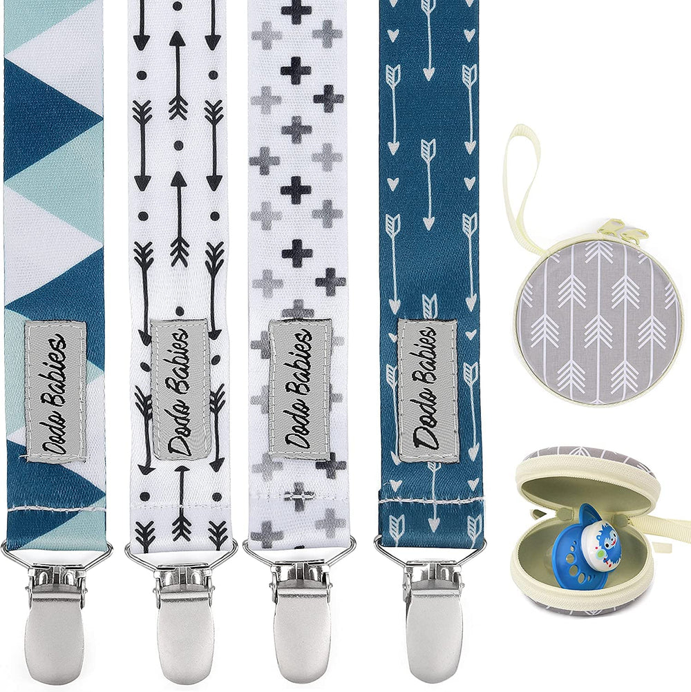Dodo Babies pacifier clip with blue geo print keeps pacifiers secure on outfits