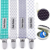 Dodo Babies pacifier clip in teal-blue pattern keeps pacifiers secure on clothing.