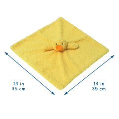 Doindute duck security blanket close-up shows embroidered eyes and nose for safe design