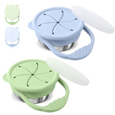 Domensi green-gray snack cups close-up highlights the 3-in-1 design for easy snacking.