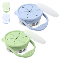 Domensi green-gray snack cups close-up highlights the 3-in-1 design for easy snacking.
