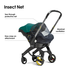 Doona Insect Net attached to stroller with snap-on connectors for quick use.