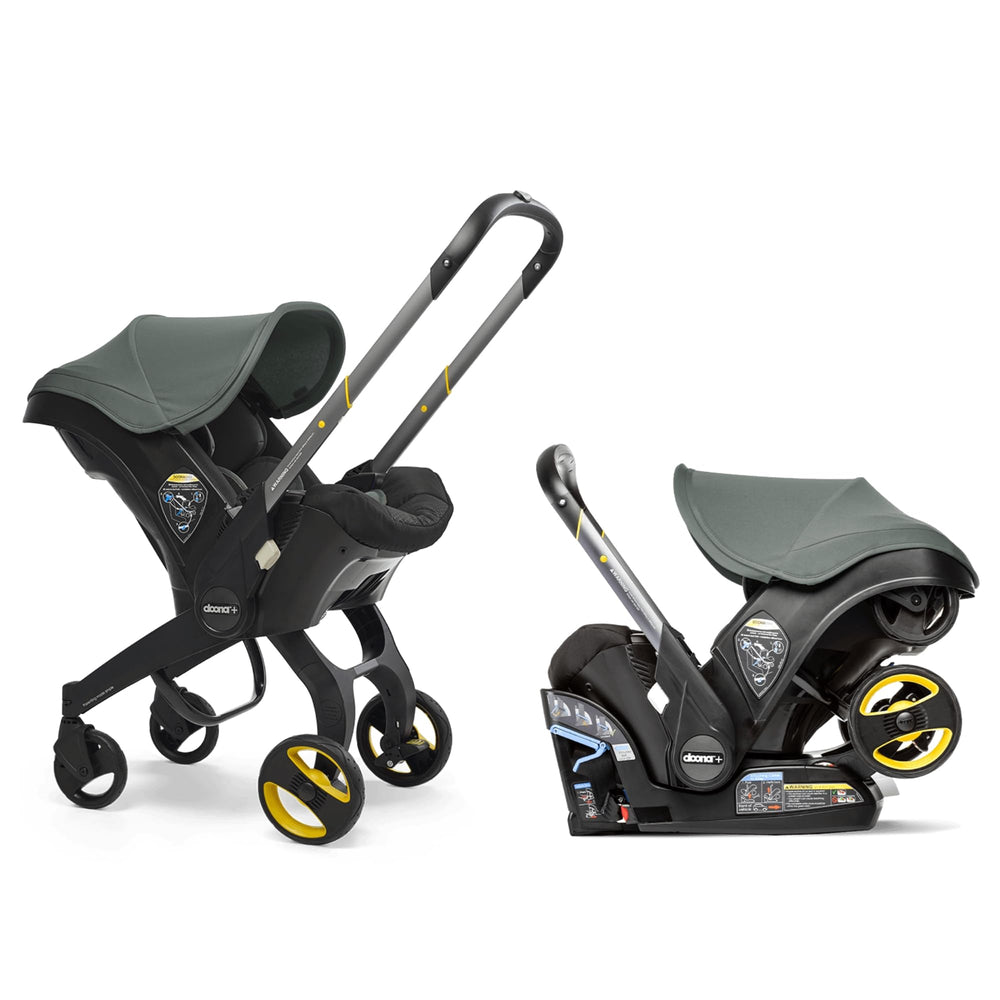 DOONA slate green car seat stroller folded for easy storage