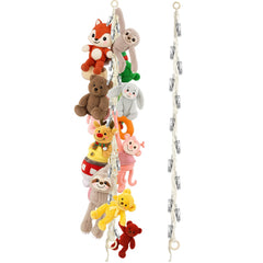 Dorblely stuffed animal hammock displays plush toys with durable cotton rope and wooden hoop.