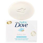 Dove Baby Bar Rich Moisture on a soap dish, gentle cleansing for delicate baby skin.