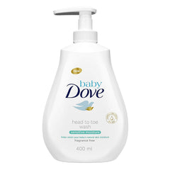 DOVE Baby Head to Toe Wash Sensitive Moisture packaging highlighting fragrance-free, dye-free formula for sensitive skin.