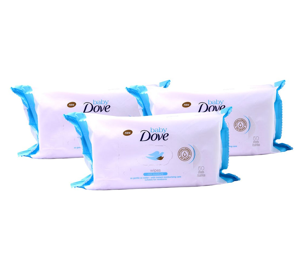 Dove Baby Wipes Rich Moisture pack shows gentle cleansing and instant moisture for delicate skin.