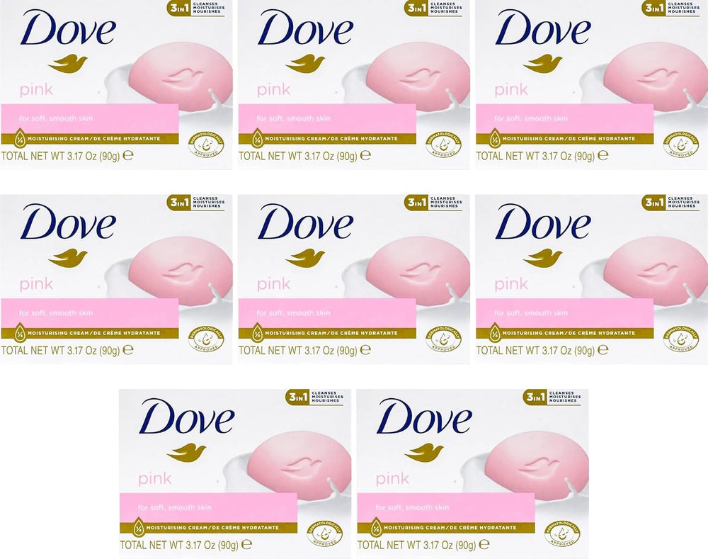 Dove Beauty Bar Pink pack of eight offers convenient daily cleansing for households.