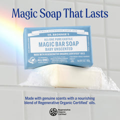 Dr. Bronner's Baby Unscented Magic Bar Soap bar detail highlights creamy lather for face, body, and hair.
