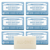 Dr. Bronner's Baby Unscented Magic Bar Soap packshot shows a gentle, all-in-one cleanser option.