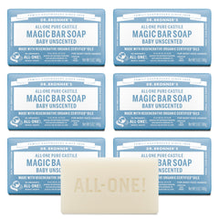 Dr. Bronner's Baby Unscented Magic Bar Soap packshot shows a gentle, all-in-one cleanser option.