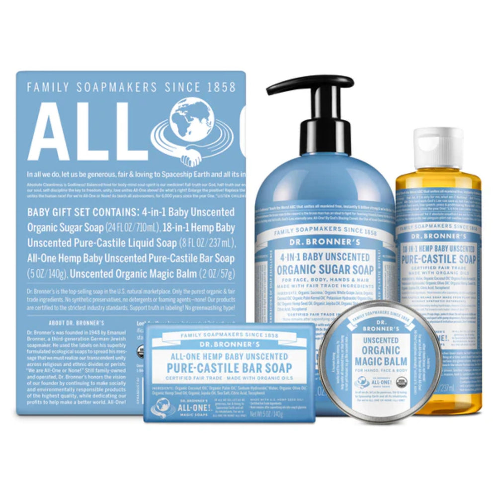 Dr. Bronner's Baby Unscented Organic Sugar Pump Soap bottle for gentle cleansing.