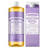 Dr. Bronner's Lavender Pure-Castile bottle front view shows rich foam for cleansing.