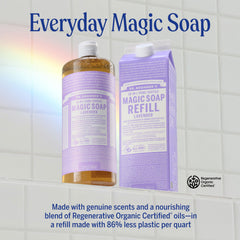Refill carton box for Dr. Bronner's Lavender promotes eco-friendly refilling.