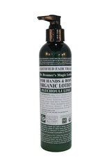 Dr. Bronner's Patchouli Lime lotion bottle highlights nourishing organic oils for smooth skin.