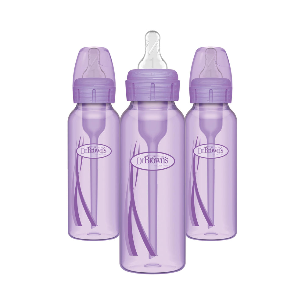 Dr. Brown's anti-colic bottle set close-up highlighting the 3-pack with purple 8 oz bottles.